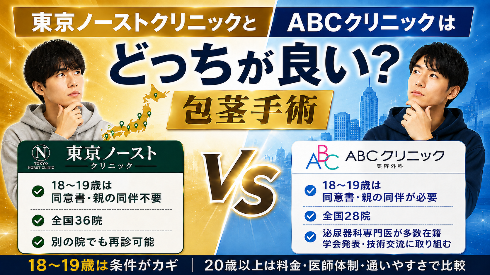 東京ノーストクリニックとABCクリニックの包茎手術はどっちが良い？18～19歳・20歳以上で比較