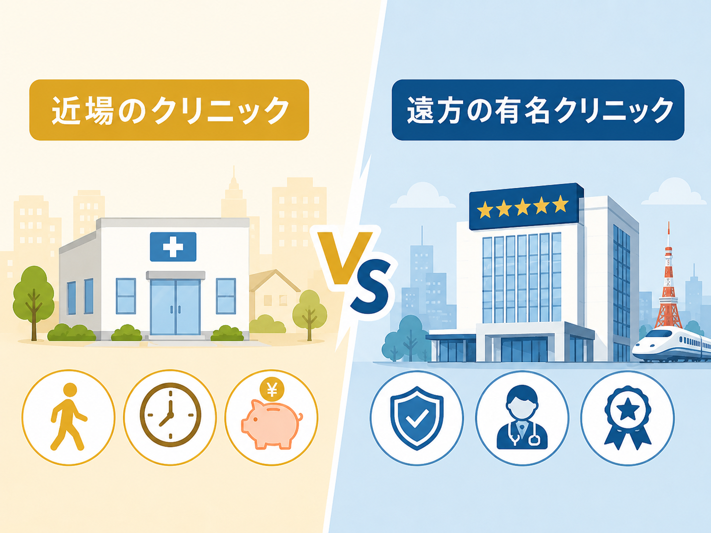 近場と遠方のクリニック選びを比較するイメージ